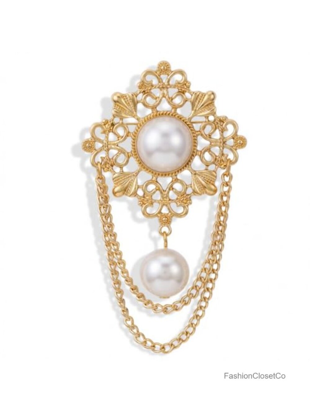 Vintage Pearl Gold Tone Flower Brooch Pin with Tassel
